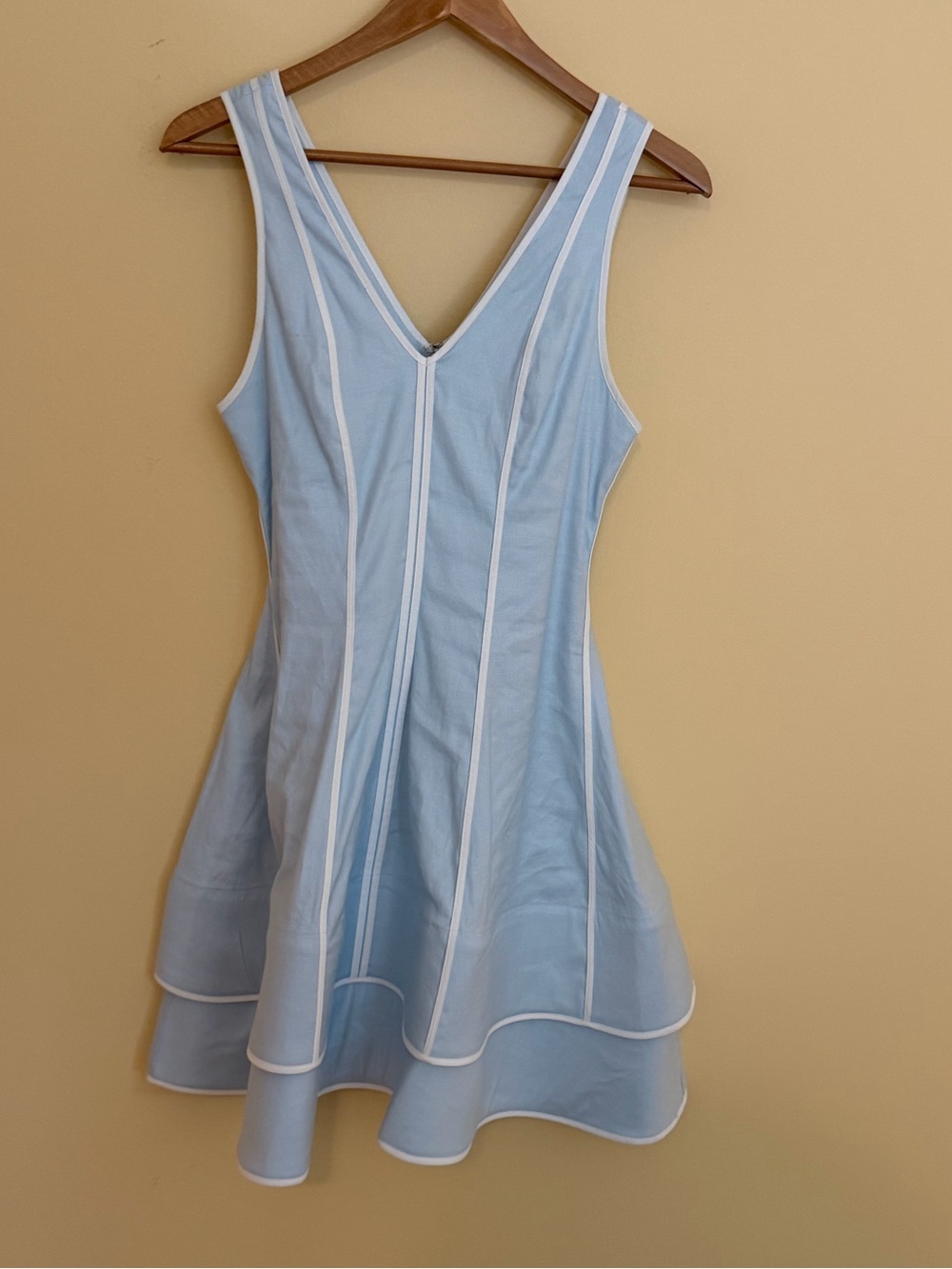 Maeve Linen Blend Blue V‑Neck Layered Hem Mini Dress - Picture 5 of 9